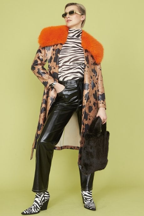 JAYLEY Cow Print Eco Leather Chocolate Brown Trench Coat With Orange Faux Fur Collar