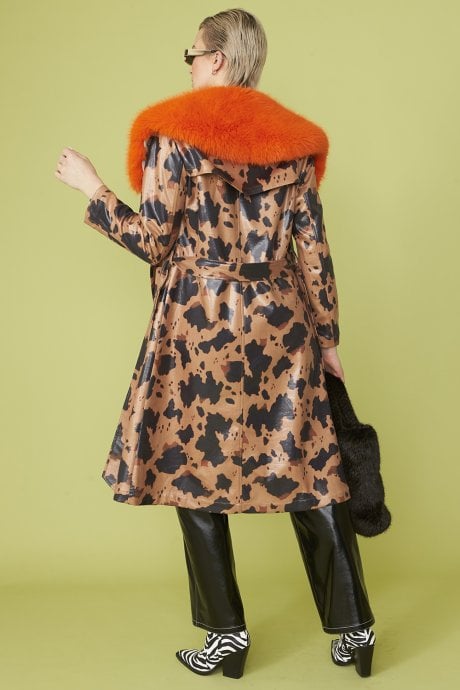 JAYLEY Cow Print Eco Leather Chocolate Brown Trench Coat With Orange Faux Fur Collar