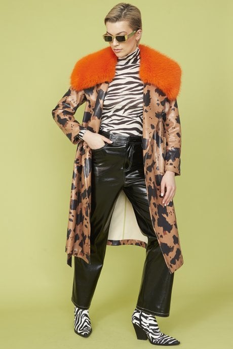 JAYLEY Cow Print Eco Leather Chocolate Brown Trench Coat with Orange Faux Fur Collar