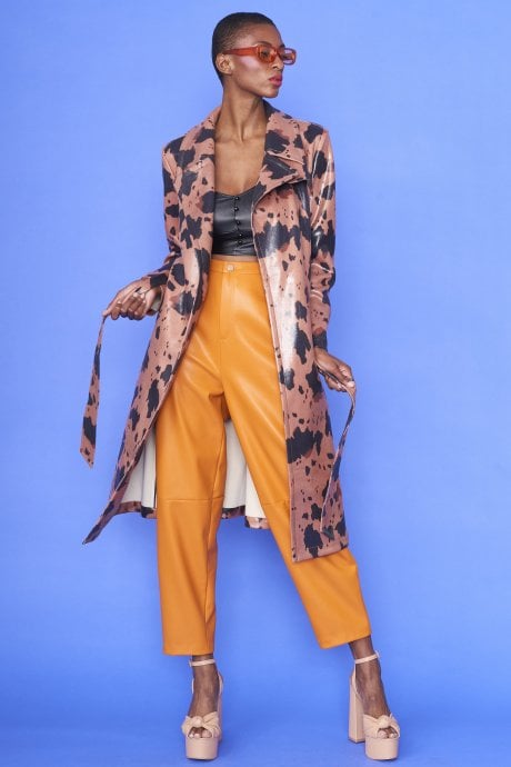 JAYLEY Cow Print Eco Leather Chocolate Brown Trench Coat with Orange Faux Fur Collar
