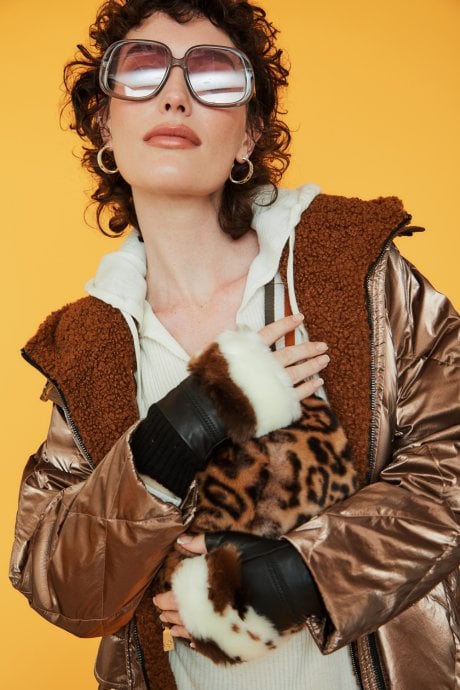 JAYLEY Cow Print Mocha Faux Fur Fingerless Gloves