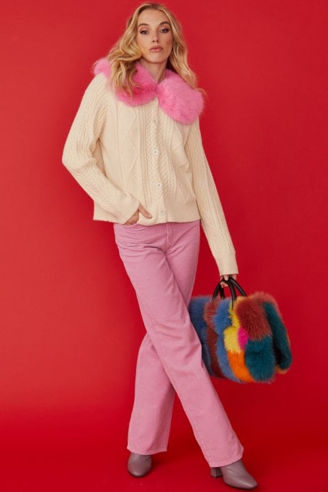 JAYLEY Cream Cashmere And Banana Peel Cardigan With Bold Pink Faux Fur Collar