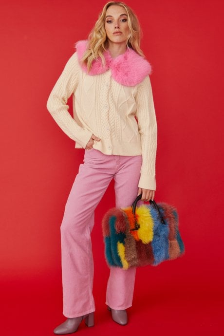 JAYLEY Cream Cashmere and Banana Peel Cardigan with Bold Pink Faux Fur Collar