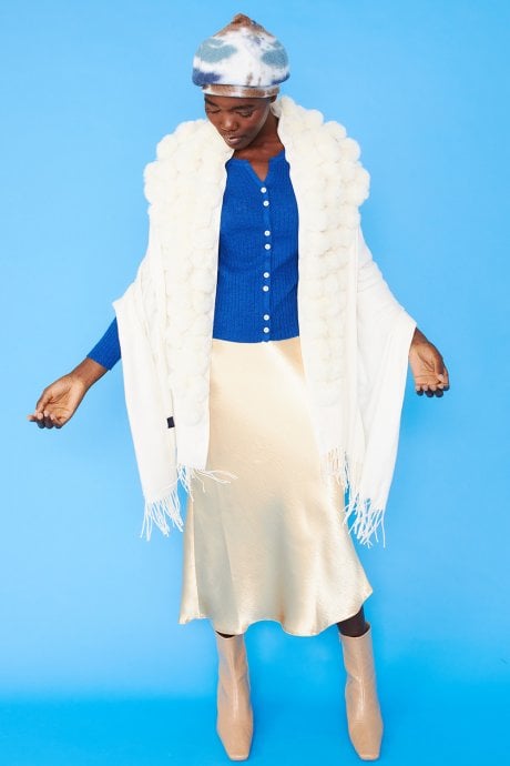 JAYLEY Cream Cashmere Blend Faux Fur Pom Pom Wrap