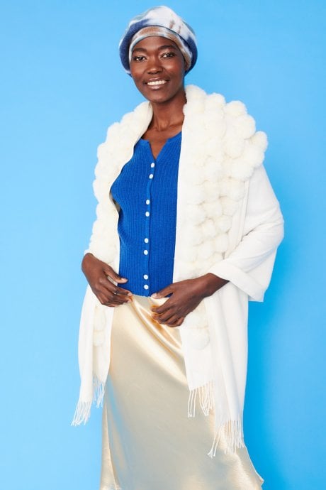 JAYLEY Cream Cashmere Blend Faux Fur Pom Pom Wrap