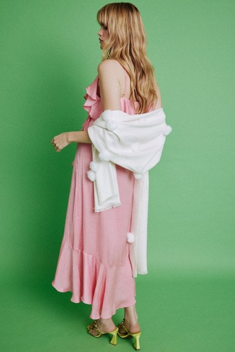 JAYLEY Cream Cashmere Blend Faux Fur Pom Pom Wrap