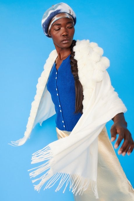 JAYLEY Cream Cashmere Blend Faux Fur Pom Pom Wrap