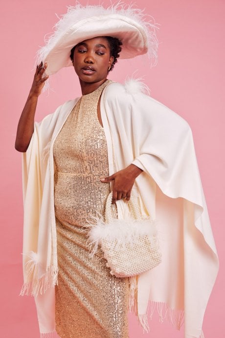 JAYLEY Cream Cashmere Wrap With Feathers