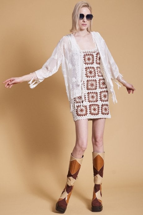 JAYLEY Cream Devore Tasseled Kimono Jacket