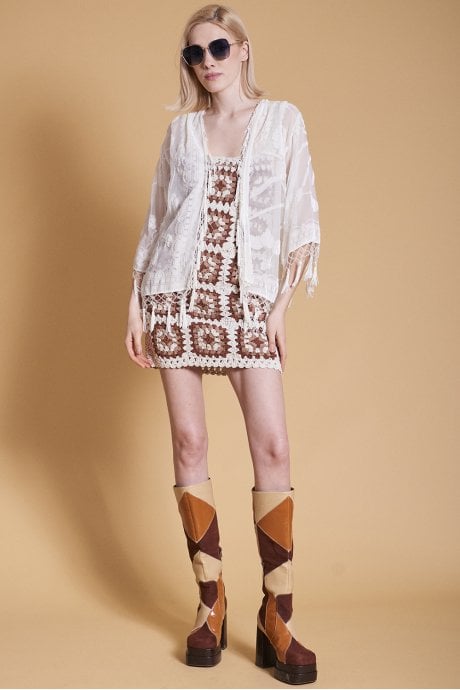 JAYLEY Cream Devore Tasseled Kimono Jacket