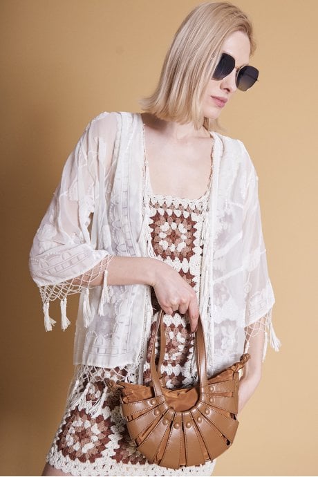JAYLEY Cream Devore Tasseled Kimono Jacket