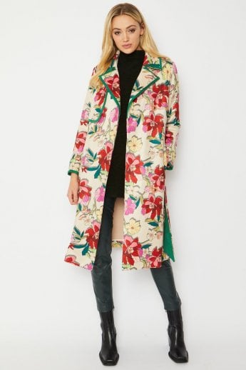 JAYLEY Cream Digital Floral Printed Faux Suede Blazer Jacket