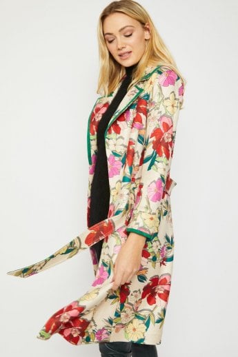JAYLEY Cream Digital Floral Printed Faux Suede Blazer Jacket