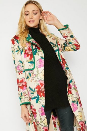 JAYLEY Cream Digital Floral Printed Faux Suede Blazer Jacket