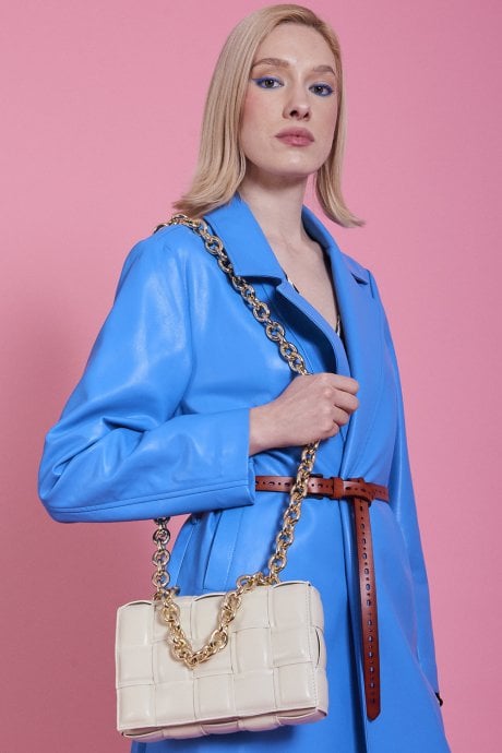 JAYLEY Cream Eco Leather Cross Woven Clutch Bag with Gold Chain