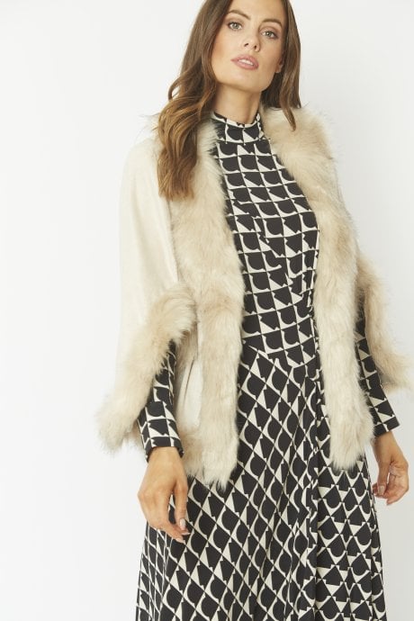 JAYLEY Cream Faux Fur Faux Suede Cape Jacket