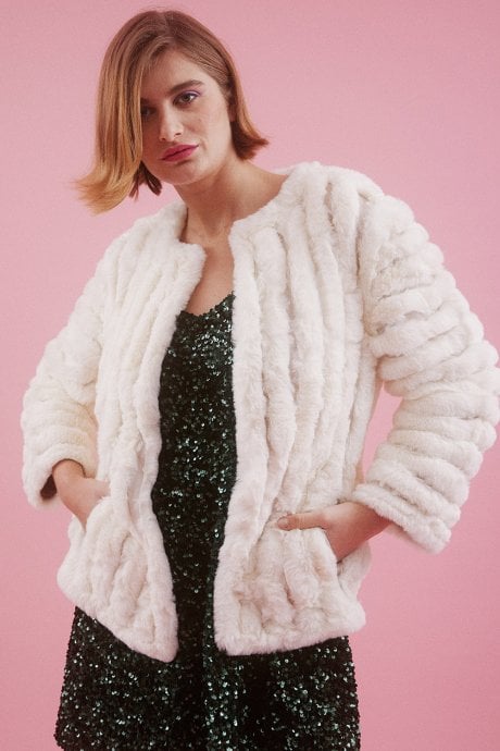 JAYLEY Cream Faux Fur Faux Suede Coat