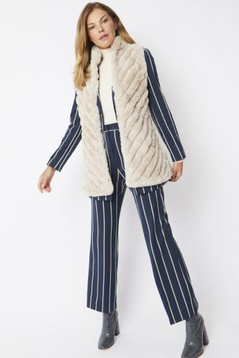 JAYLEY Cream Faux Fur Faux Suede Diagonal Striped Long Gilet | Waistcoat