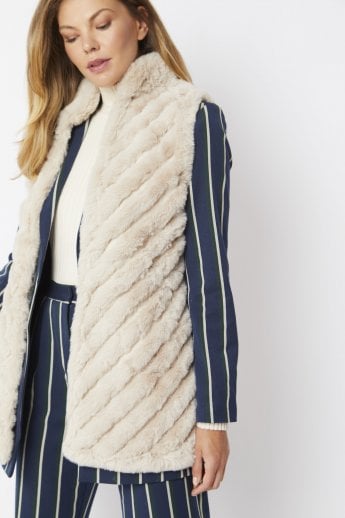 JAYLEY Cream Faux Fur Faux Suede Diagonal Striped Long Gilet | Waistcoat