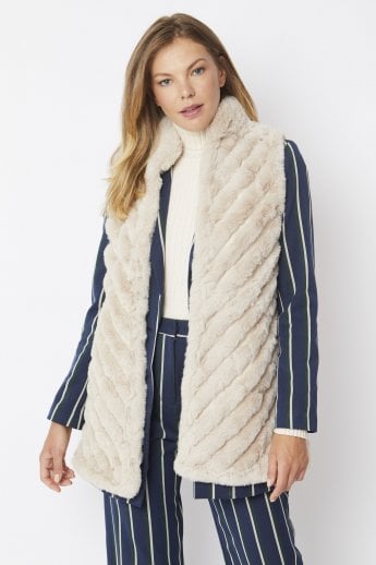JAYLEY Cream Faux Fur Faux Suede Diagonal Striped Long Gilet | Waistcoat