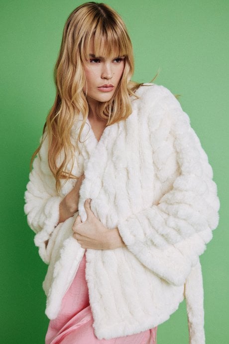 JAYLEY Cream Faux Fur Kimono Jacket