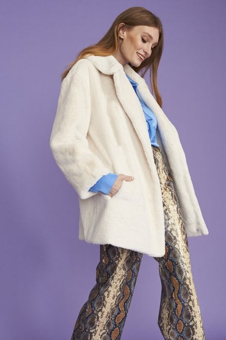 JAYLEY Cream Faux Fur Midi Coat