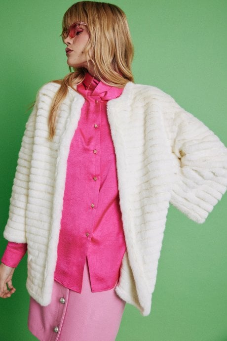 JAYLEY Cream Faux Fur Over-Sized Coat