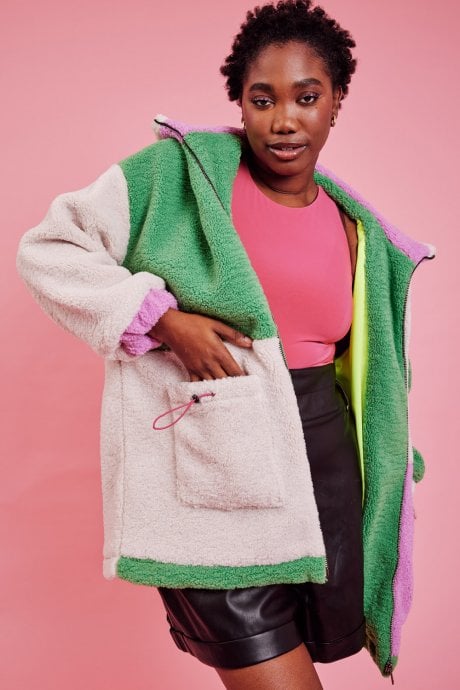 JAYLEY Cream Faux Shearling Patchwork Jacket