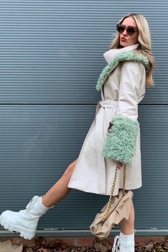 JAYLEY Cream Faux Suede Aurora Coat With Faux Shearling Cuff & Collar