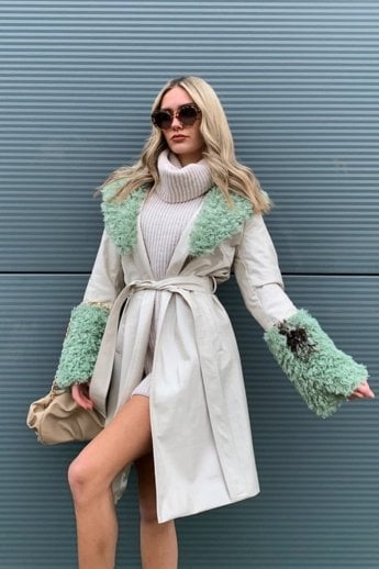 JAYLEY Cream Faux Suede Aurora Coat With Faux Shearling Cuff & Collar