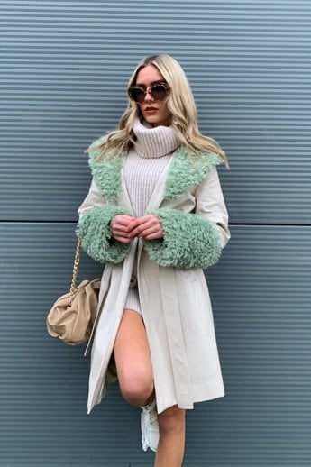 JAYLEY Cream Faux Suede Aurora Coat with Faux Shearling Cuff & Collar