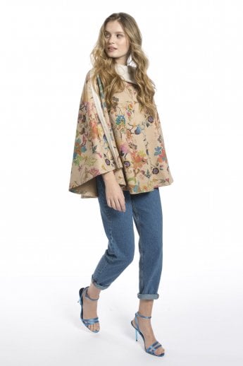 JAYLEY Cream Faux Suede Digital Print Poncho