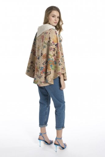JAYLEY Cream Faux Suede Digital Print Poncho