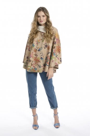 JAYLEY Cream Faux Suede Digital Print Poncho