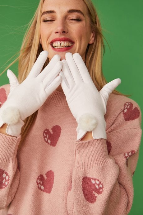 JAYLEY Cream Faux Suede Gloves With Faux Fur Pom