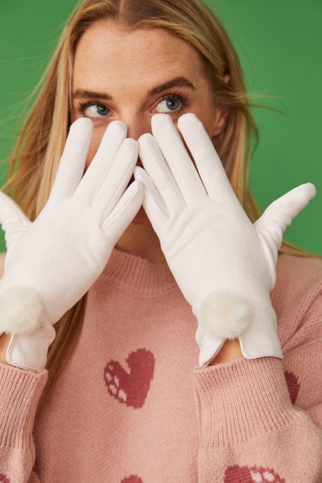 JAYLEY Cream Faux Suede Gloves With Faux Fur Pom