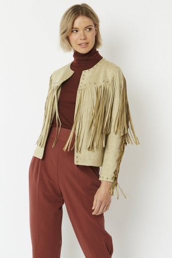 JAYLEY Cream Faux Suede Tassel Jacket
