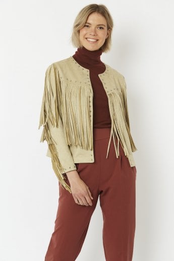 JAYLEY Cream Faux Suede Tassel Jacket
