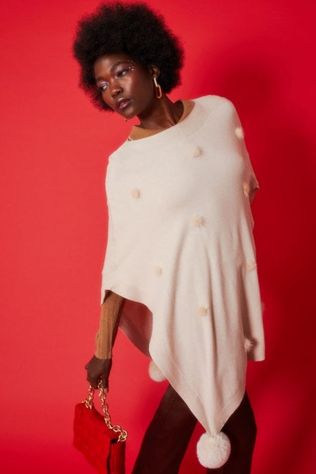 JAYLEY Cream Fine Knit Cashmere Blend Pom Pom Poncho