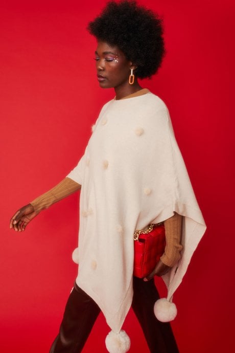 JAYLEY Cream Fine Knit Cashmere Blend Pom Pom Poncho