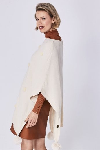 JAYLEY Cream Fine Knit Cashmere Blend Pom Pom Poncho
