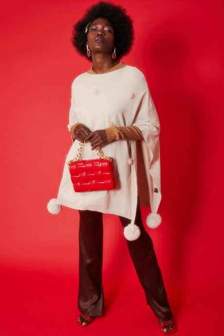 JAYLEY Cream Fine Knit Cashmere Blend Pom Pom Poncho