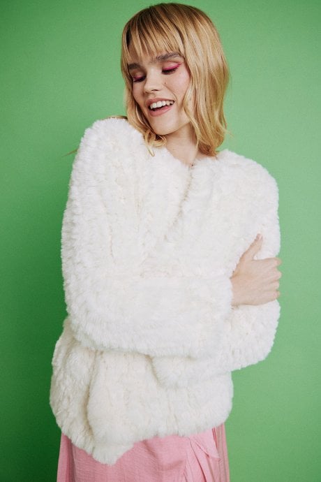 JAYLEY Cream Hand Knitted Faux Fur Coat