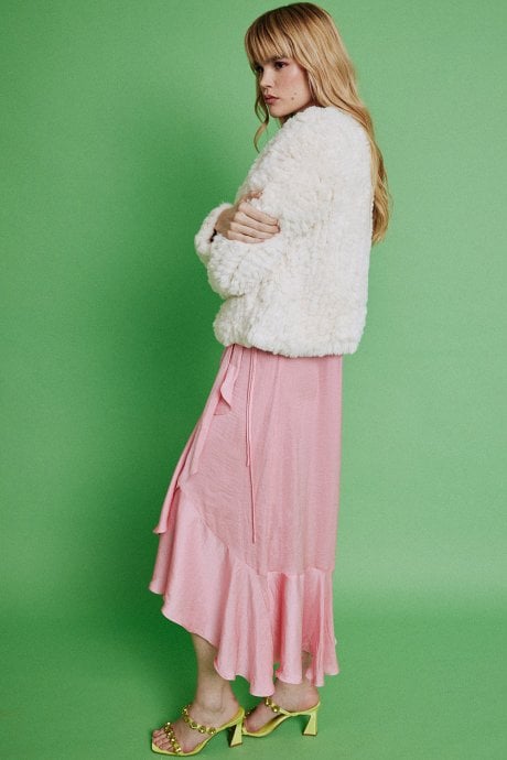 JAYLEY Cream Hand Knitted V-Neck Faux Fur Coat