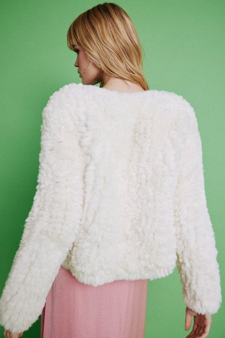 JAYLEY Cream Hand Knitted V-Neck Faux Fur Coat