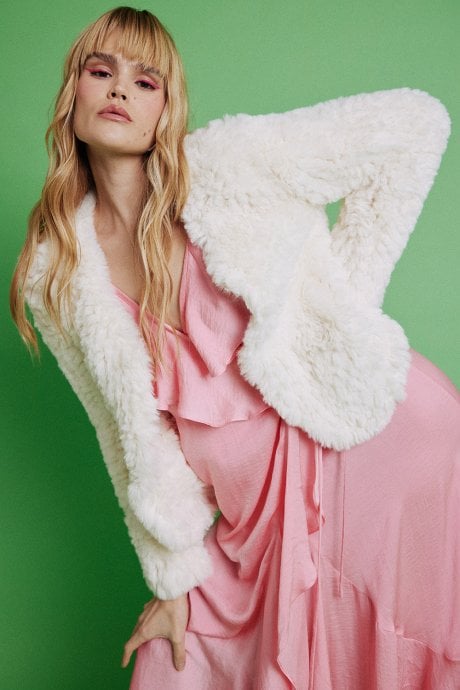 JAYLEY Cream Hand Knitted V-Neck Faux Fur Coat