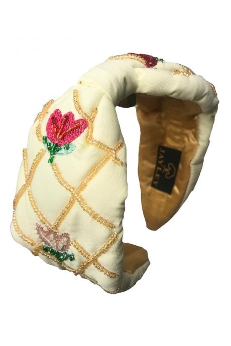 JAYLEY Cream Hand Made Embroidery Headband With Flower Detailing
