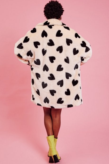 JAYLEY Cream Lola Love Heart Faux Fur Coat