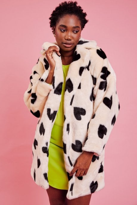 JAYLEY Cream Lola Love Heart Faux Fur Coat