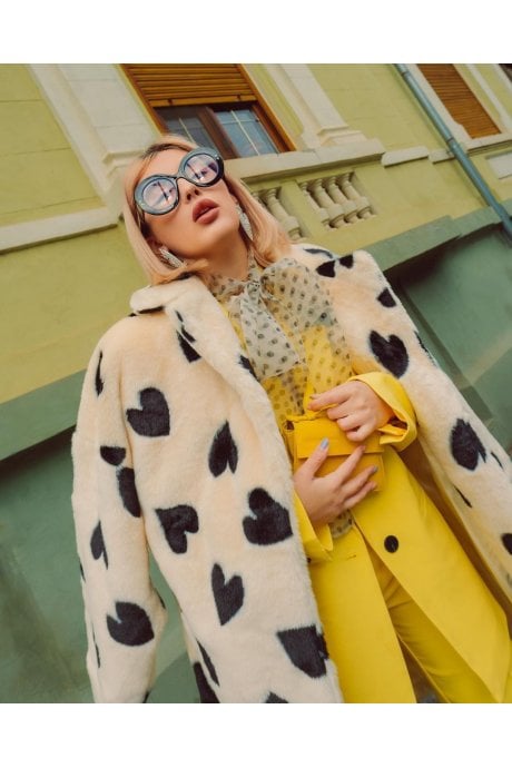 JAYLEY Cream Lola Love Heart Faux Fur Coat